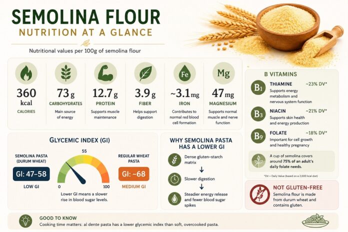 Semolina flour nutrition infographic showing calories, protein, fiber, iron, magnesium, B vitamins and glycemic index comparison with regular wheat pasta