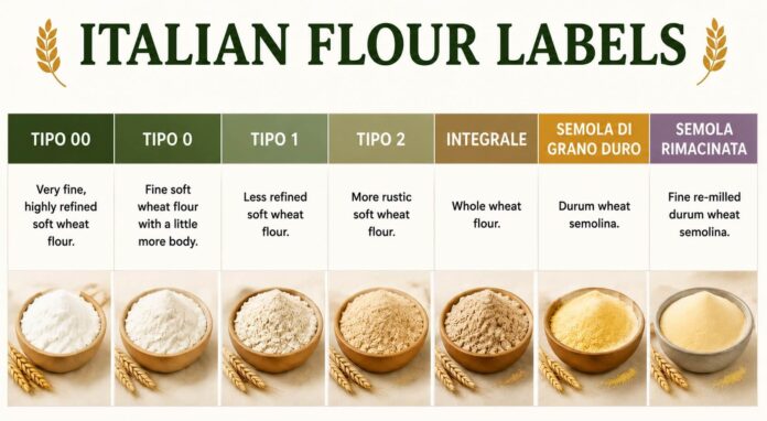 Infographic comparing Italian flour labels including Tipo 00, Tipo 0, Tipo 1, Tipo 2, Integrale, Semola di Grano Duro, and Semola Rimacinata, with explanations of each flour type and visual examples of the flour