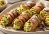 Mini cannoli bites filled with pistachio mascarpone cream and topped with chopped pistachios