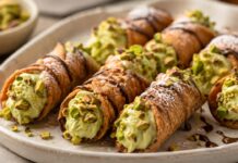 Cannoli Bites with Mascarpone and Pistachio Filling, an Italian Take on No-Cook Chocolate Desserts Mini cannoli bites filled with pistachio mascarpone cream and topped with chopped pistachios
