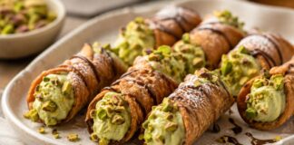 Mini cannoli bites filled with pistachio mascarpone cream and topped with chopped pistachios