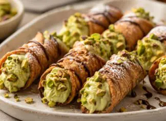 Mini cannoli bites filled with pistachio mascarpone cream and topped with chopped pistachios