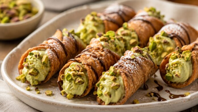 Cannoli Bites with Mascarpone and Pistachio Filling Mini cannoli bites filled with pistachio mascarpone cream and topped with chopped pistachios