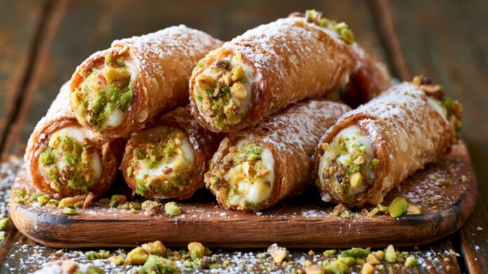 Mini cannoli filled with mascarpone cream and chopped pistachios dusted with powdered sugar