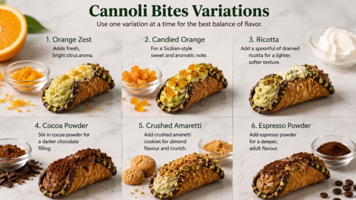 Cannoli bite variation ideas with pistachio, orange, ricotta, cocoa, amaretti, and espresso
