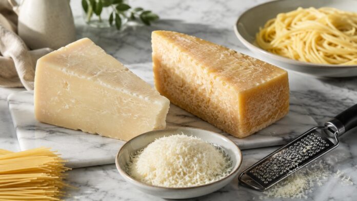 Pecorino Romano and Parmesan sit beside finely grated cheese, spaghetti and a hand grater