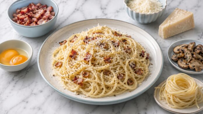 Creamy spaghetti carbonara with bacon, eggs, cheese, mushrooms and gluten-free pasta on a marble counter